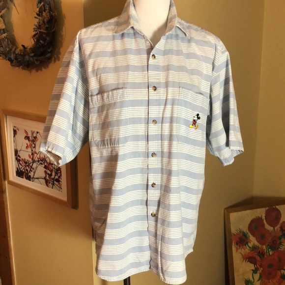 Vintage WALT DISNEY sz Medium Buttonfront Stripe Embroidered Mickey Mouse Cotton - Picture 1 of 16